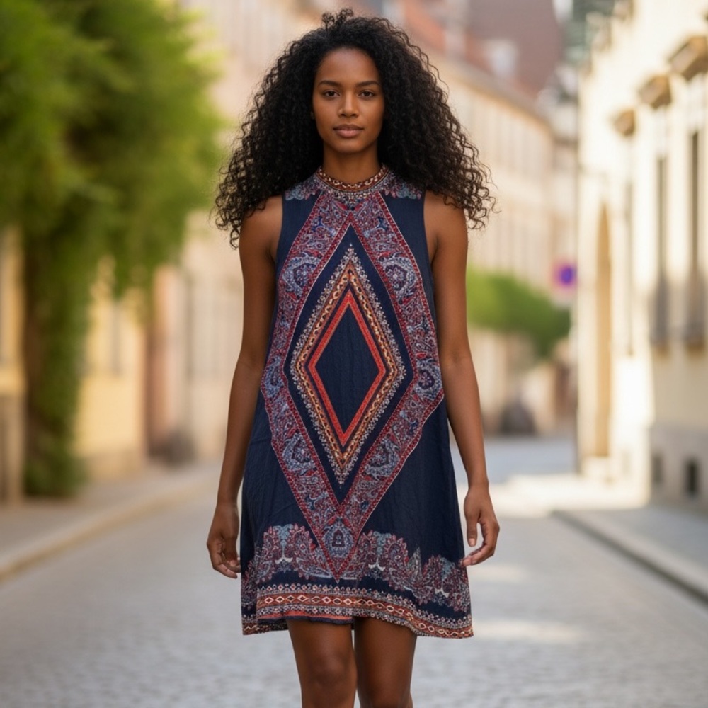 Xhilaration Navy Sleeveless Mini Dress with Red Paisley Diamond Print